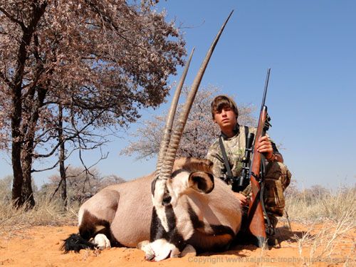 Hunter Rollings with the Gemsbok he hunted Kalahari Gemsbok Hunting, Namibia