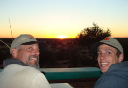 Michael and Kyle Smith from California, USA. Hunting day in the Kalahari at dawn. Kalahari Hunting