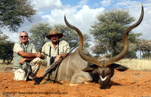 PH Dawie with Brett and a special Kudu trophy Namibia Kudu Hunt