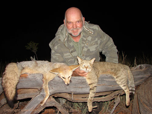 Roy hunted this Cape Fox and African Wild Cat with a special permit. Varmint Hunt Namibia